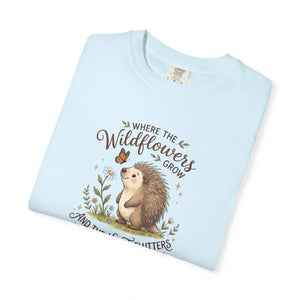 Wildflower Hedgehog T-shirt, ?Where the Wildflowers Grow and Heart Flutters” Cute Nature Tee - T-shirts - m