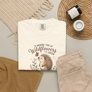 Wildflower Hedgehog T-shirt, ?Where the Wildflowers Grow and Heart Flutters” Cute Nature Tee - T-shirts - m