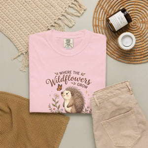 Wildflower Hedgehog T-shirt, ?Where the Wildflowers Grow and Heart Flutters” Cute Nature Tee - T-shirts - m