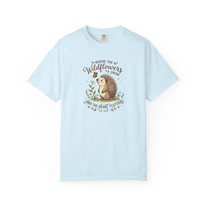 Wildflower Hedgehog T-shirt, ?Where the Wildflowers Grow and Heart Flutters” Cute Nature Tee - T-shirts - m