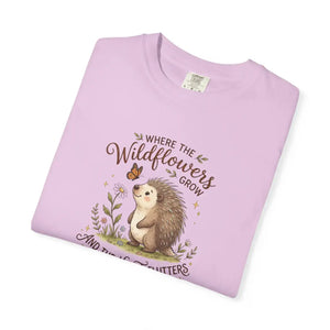 Wildflower Hedgehog T-shirt, ?Where the Wildflowers Grow and Heart Flutters” Cute Nature Tee - T-shirts - m