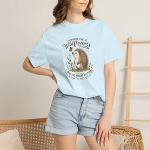Wildflower Hedgehog T-shirt, ?Where the Wildflowers Grow and Heart Flutters” Cute Nature Tee - T-shirts - m