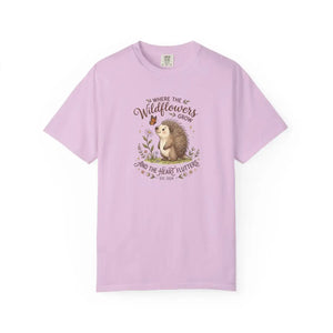 Wildflower Hedgehog T-shirt, ?Where the Wildflowers Grow and Heart Flutters” Cute Nature Tee - T-shirts - m