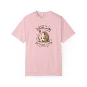 Wildflower Hedgehog T-shirt, ?Where the Wildflowers Grow and Heart Flutters” Cute Nature Tee - T-shirts - m