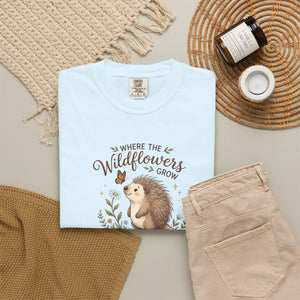 Wildflower Hedgehog T-shirt, ?Where the Wildflowers Grow and Heart Flutters” Cute Nature Tee - T-shirts - m