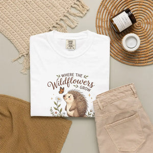 Wildflower Hedgehog T-shirt, ?Where the Wildflowers Grow and Heart Flutters” Cute Nature Tee - T-shirts - m