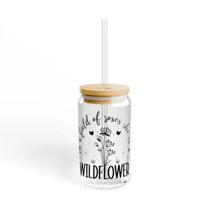 Wildflower Tempered Glass Sipper with Bamboo Lid - Dipaliz - with Lid and Straw / 16oz - Tumblers