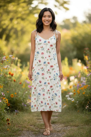 Wildflower Tie-Strap Midi Dress - New Model, Nature Background