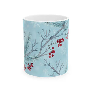 Winter Berry Ceramic Mug - Pale Blue Pine Forest Design - Dipaliz