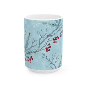Winter Berry Ceramic Mug - Pale Blue Pine Forest Design - Dipaliz - 15oz