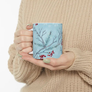 Mug - Berry Ceramic - Winter Forest Design Pale Blue Pine - Dipaliz 11oz