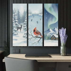 Winter Wonderland Triptych Acrylic Print, Northern Lights Cardinal & Skating Scene - 12’’ x 36’’ (vertical) / 0.25’’