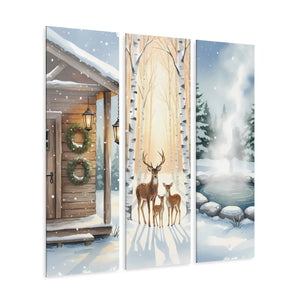 Winter Woodland Triptych Acrylic Wall Art – Deer Snowy Cabin & Pine Forest Panels - 12’’ x 36’’ (vertical) / 0.25’’
