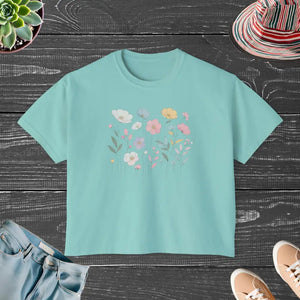 Boxy Tee with Flowy Rolled Cuffs Spring Flowers Print Dipaliz - Chalky Mint / s - T-shirts