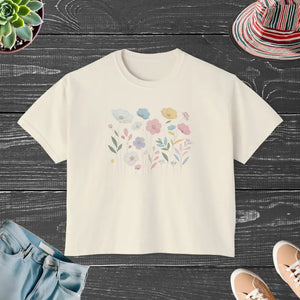 Boxy Tee with Flowy Rolled Cuffs Spring Flowers Print Dipaliz - Ivory / s - T-shirts