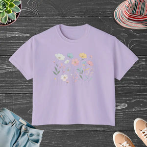 Boxy Tee with Flowy Rolled Cuffs Spring Flowers Print Dipaliz - Orchid / s - T-shirts