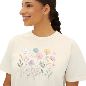 Boxy Tee with Flowy Rolled Cuffs Spring Flowers Print Dipaliz - T-shirts