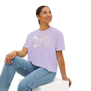 Boxy Tee with Flowy Rolled Cuffs Spring Flowers Print Dipaliz - T-shirts