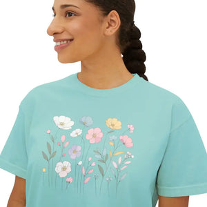 Boxy Tee with Flowy Rolled Cuffs Spring Flowers Print Dipaliz - T-shirts