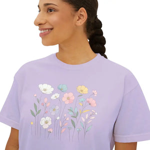 Boxy Tee with Flowy Rolled Cuffs Spring Flowers Print Dipaliz - T-shirts