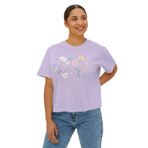 Boxy Tee with Flowy Rolled Cuffs Spring Flowers Print Dipaliz - T-shirts