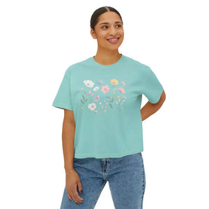 Boxy Tee with Flowy Rolled Cuffs Spring Flowers Print Dipaliz - T-shirts