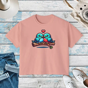 Boxy Tee Flowy Rolled Cuffs Love Birds Print Dipaliz - Peachy / s - T-shirts