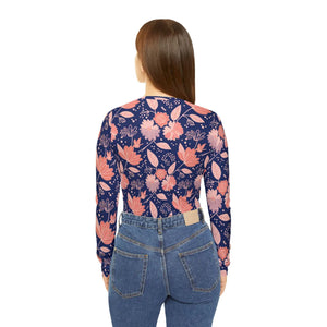 Navy Floral Long Sleeve Shirt - V-neck Jersey - Dipaliz - T-shirts - Xs