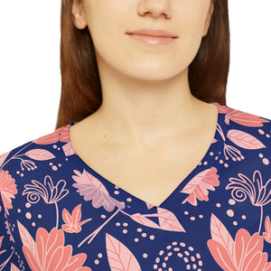 Navy Floral Long Sleeve Shirt - V-neck Jersey - Dipaliz - T-shirts - Xs