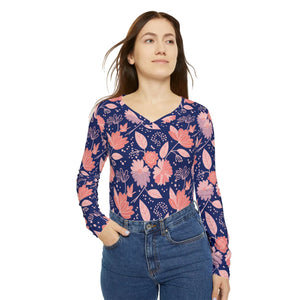 Navy Floral Long Sleeve Shirt - V-neck Jersey - Dipaliz - T-shirts - Xs