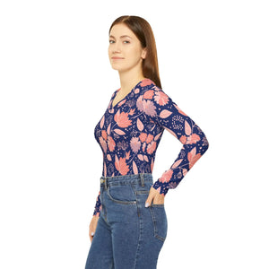 Navy Floral Long Sleeve Shirt - V-neck Jersey - Dipaliz - T-shirts - Xs