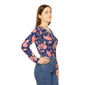 Navy Floral Long Sleeve Shirt - V-neck Jersey - Dipaliz - T-shirts - Xs