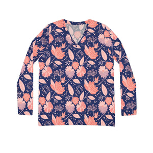 Navy Floral Long Sleeve Shirt - V-neck Jersey - Dipaliz - T-shirts - Xs