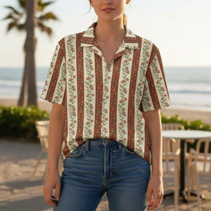 Womens Hawaiian Button Down Shirt | Brown Floral Stripe Camp Collar Short Sleeve Boho Top - Shirts - 2xs