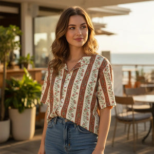 Womens Hawaiian Button Down Shirt | Brown Floral Stripe Camp Collar Short Sleeve Boho Top - Shirts - 2xs