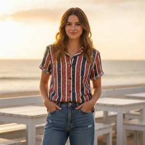 Womens Hawaiian Button Down Shirt | Red Navy Stripe Camp Collar Short Sleeve Summer Top - Shirts - Xs