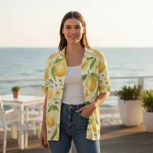 Womens Hawaiian Button Down Shirt | Yellow Lemon Print Camp Collar Short Sleeve Summer Top - Shirts - Xs