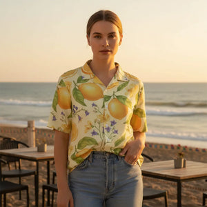 Womens Hawaiian Button Down Shirt | Yellow Lemon Print Camp Collar Short Sleeve Summer Top - Shirts - Xs