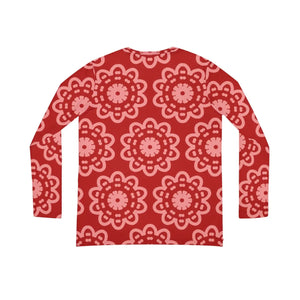 Red Floral Mandala Women’s Long Sleeve V-neck Shirt (aop) - T-shirts - Xs