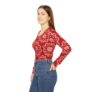 Red Floral Mandala Women’s Long Sleeve V-neck Shirt (aop) - T-shirts - Xs