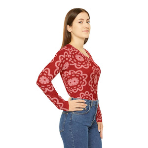 Red Floral Mandala Women’s Long Sleeve V-neck Shirt (aop) - T-shirts - Xs