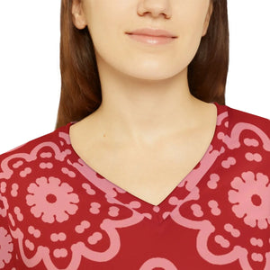 Red Floral Mandala Women’s Long Sleeve V-neck Shirt (aop) - T-shirts - Xs