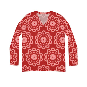 Red Floral Mandala Women’s Long Sleeve V-neck Shirt (aop) - T-shirts - Xs