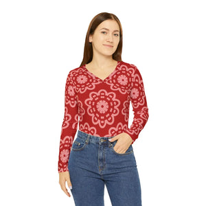 Red Floral Mandala Women’s Long Sleeve V-neck Shirt (aop) - T-shirts - Xs