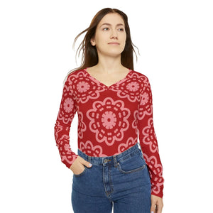 Red Floral Mandala Women’s Long Sleeve V-neck Shirt (aop) - T-shirts - Xs