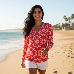 Red Floral Mandala Women’s Long Sleeve V-neck Shirt (aop) - T-shirts - Xs