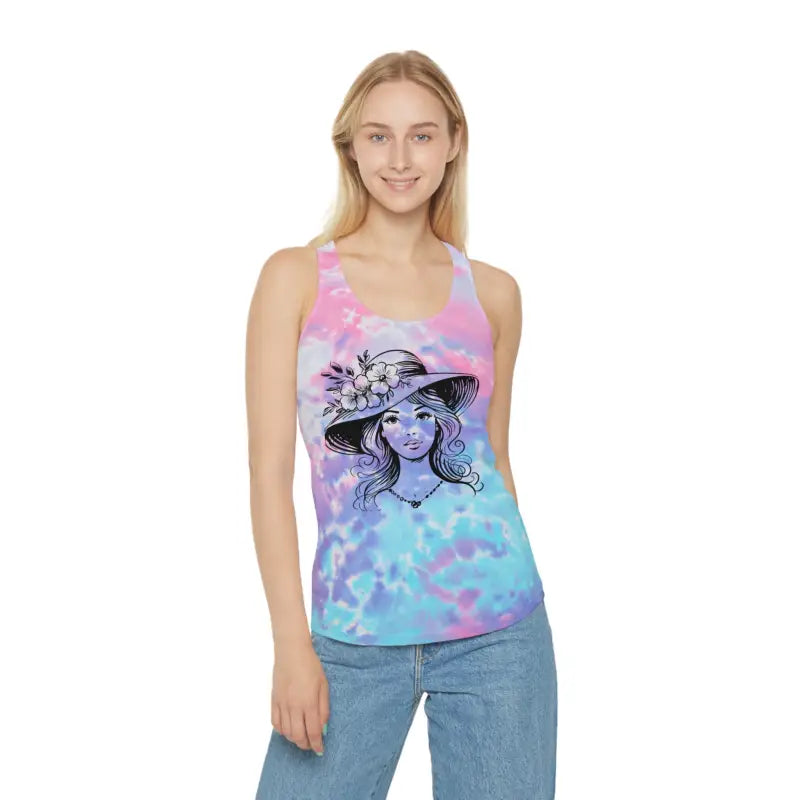 Turn Heads with Women’s Tie Dye Racerback - Flower Hat Style - Cotton Candy / s Tank Top