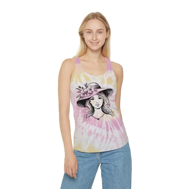 Turn Heads with Women’s Tie Dye Racerback - Flower Hat Style - Desert Rose / s Tank Top