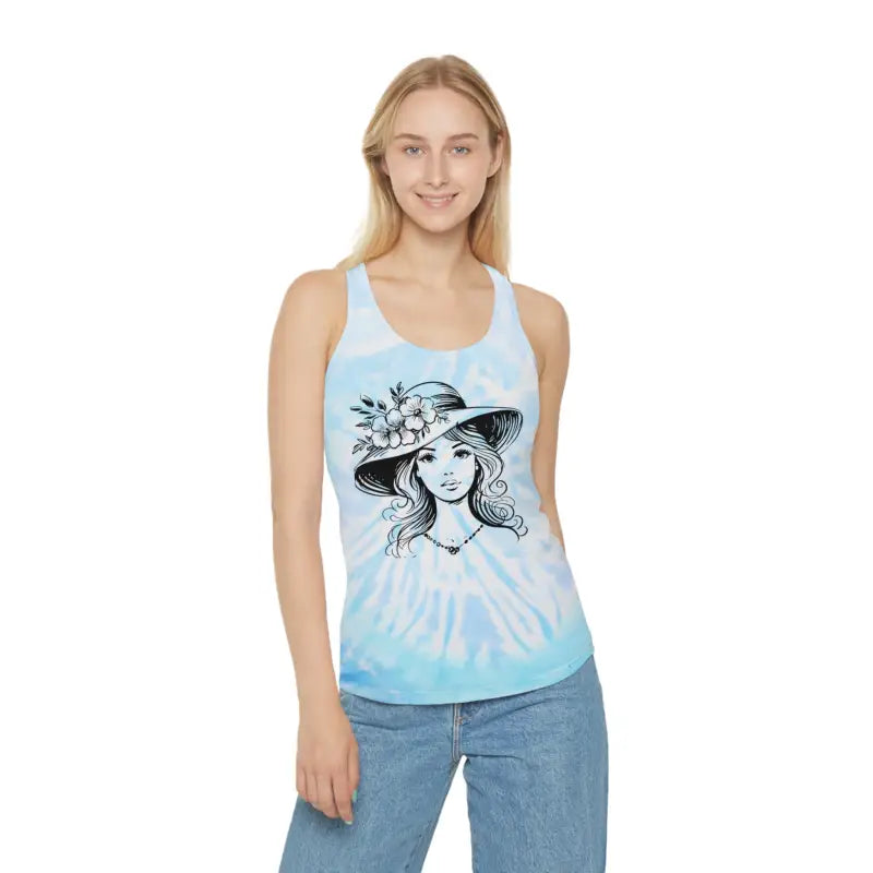 Turn Heads with Women’s Tie Dye Racerback - Flower Hat Style - Lagoon / s Tank Top