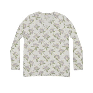 Women’s V-neck Long Sleeve Floral Top, Pastel Magnolia All-over Print - T-shirts